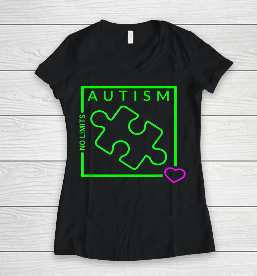 Autism Awareness No Limits Graphic Women V-Neck T-Shirt