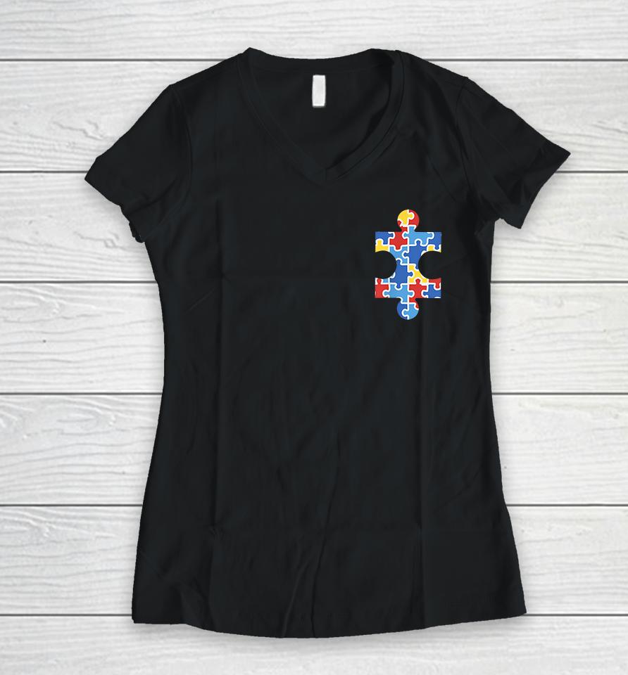 Autism Awareness Puzzle Piece Pocket Women V-Neck T-Shirt