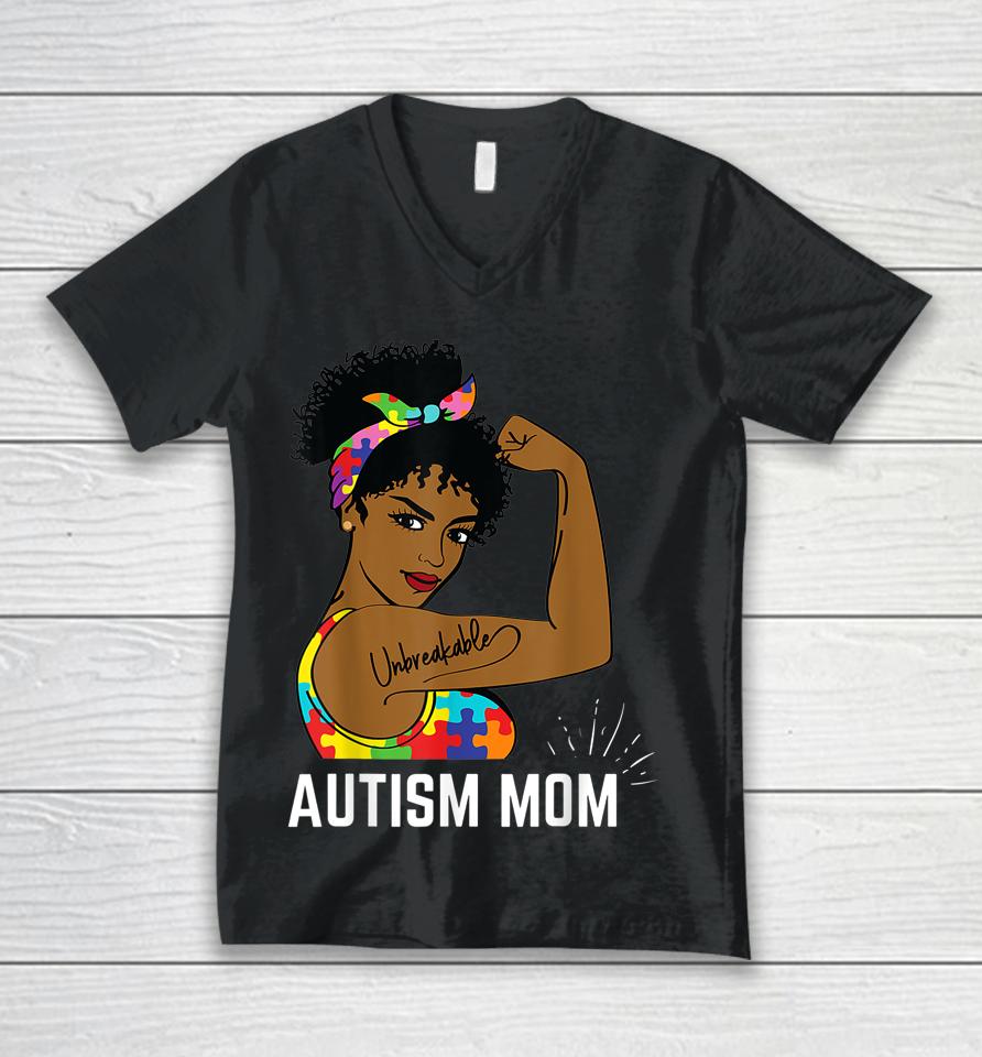 Autism Awareness Strong Mom Afro Mother Black Gift Unisex V-Neck T-Shirt