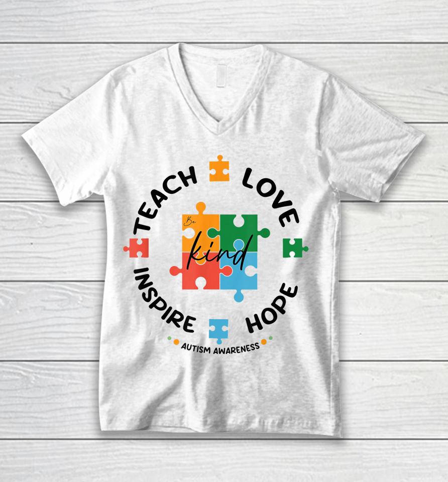 Autism Awareness Teacher Teach Hope Love Inspire Unisex V-Neck T-Shirt