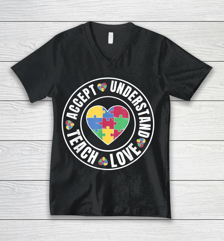 Autism Awareness Teacher Tee Teach Accept Understand Love Unisex V-Neck T-Shirt