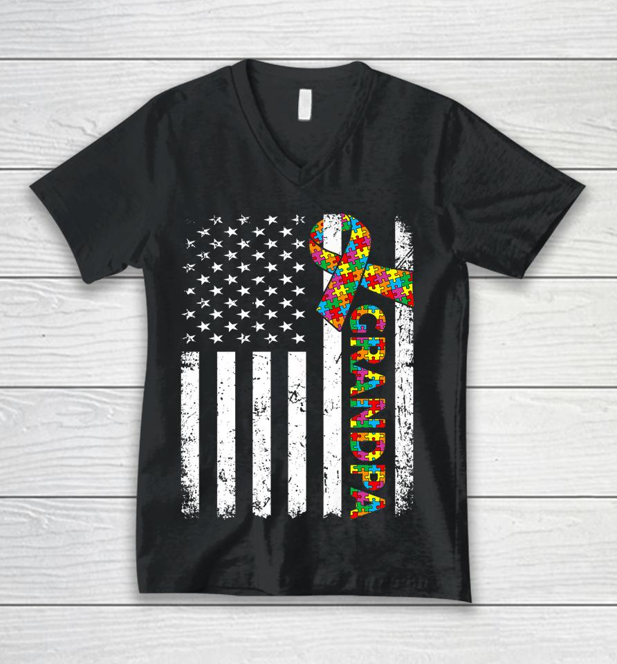 Autism Grandpa American Flag Family Matching Unisex V-Neck T-Shirt