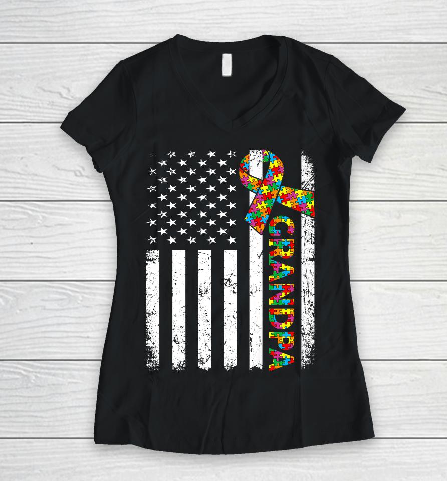 Autism Grandpa American Flag Family Matching Women V-Neck T-Shirt