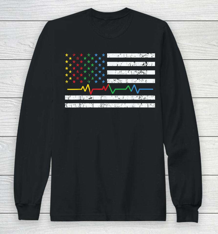 Autism Heartbeat American Flag Ribbon Colors Awareness Long Sleeve T-Shirt