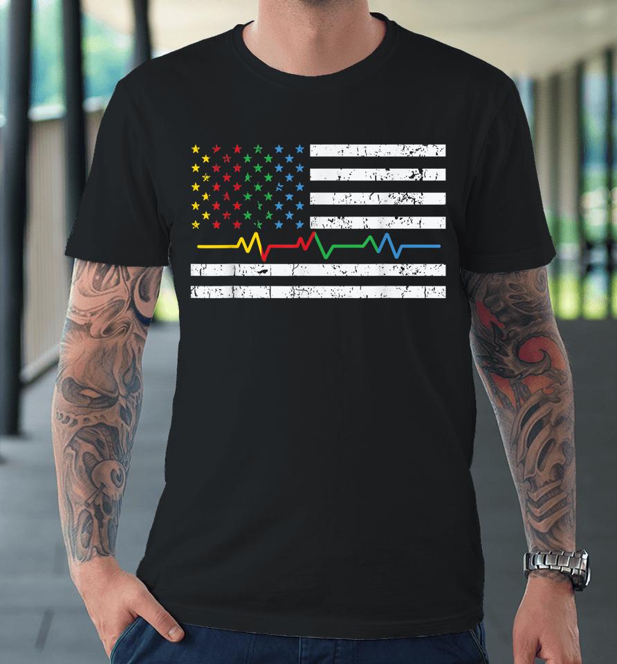 Autism Heartbeat American Flag Ribbon Colors Awareness Premium T-Shirt
