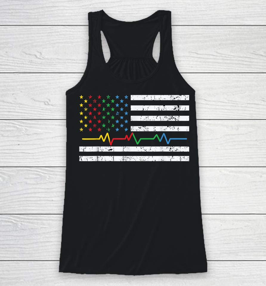 Autism Heartbeat American Flag Ribbon Colors Awareness Racerback Tank