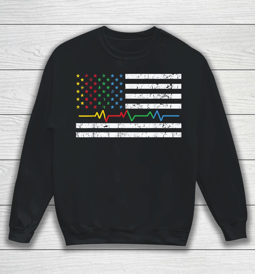 Autism Heartbeat American Flag Ribbon Colors Awareness Sweatshirt