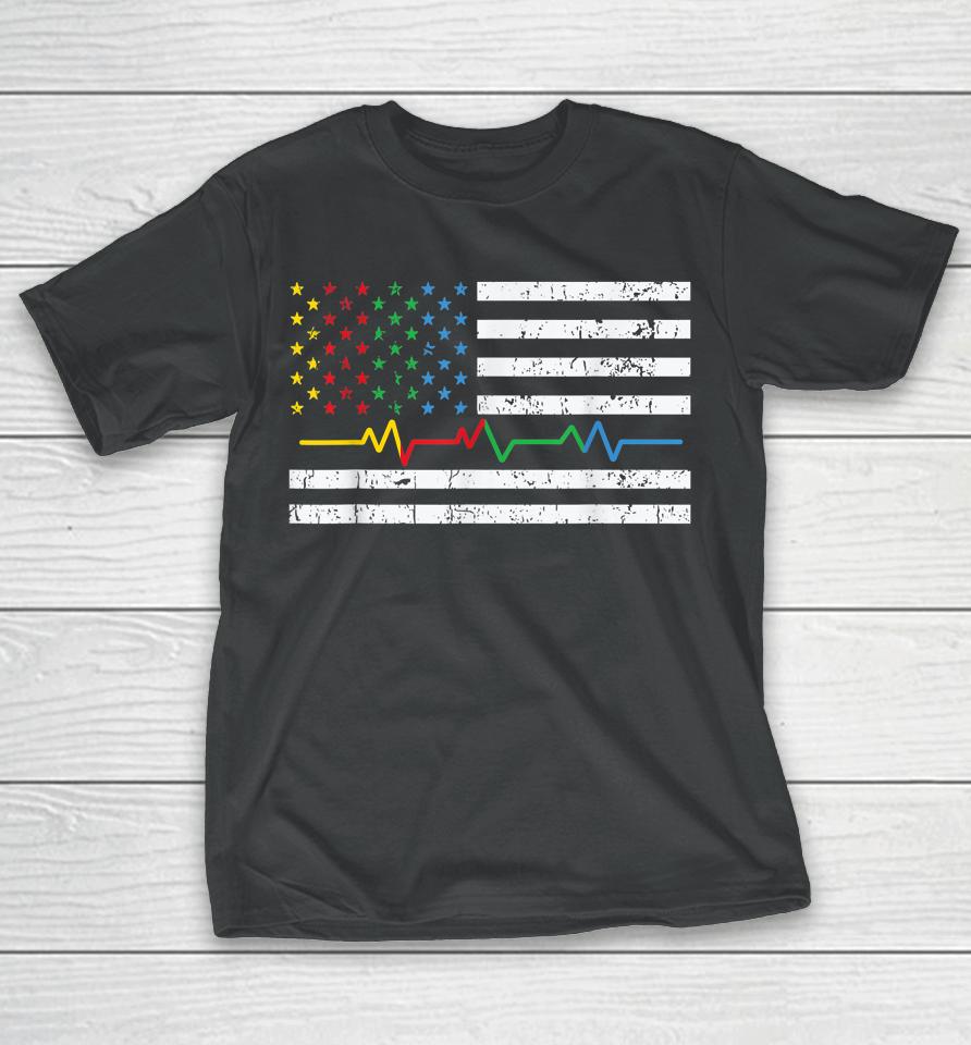 Autism Heartbeat American Flag Ribbon Colors Awareness T-Shirt