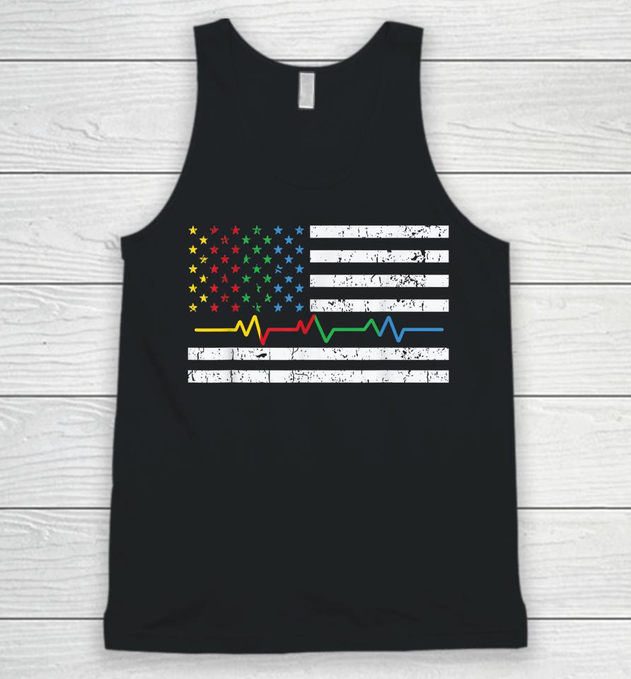 Autism Heartbeat American Flag Ribbon Colors Awareness Unisex Tank Top