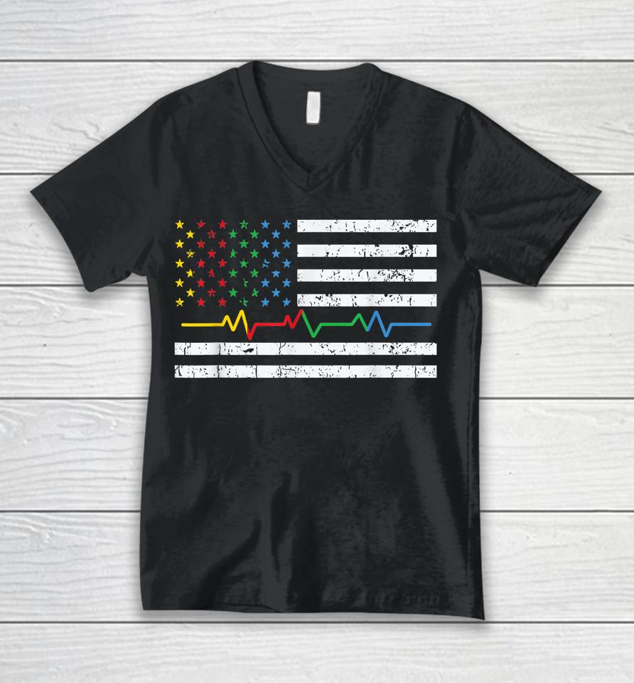 Autism Heartbeat American Flag Ribbon Colors Awareness Unisex V-Neck T-Shirt