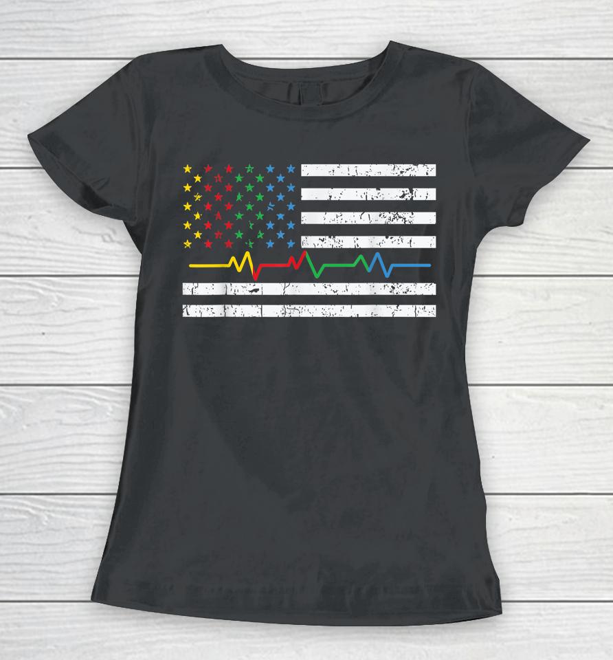 Autism Heartbeat American Flag Ribbon Colors Awareness Women T-Shirt