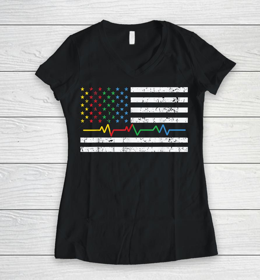 Autism Heartbeat American Flag Ribbon Colors Awareness Women V-Neck T-Shirt