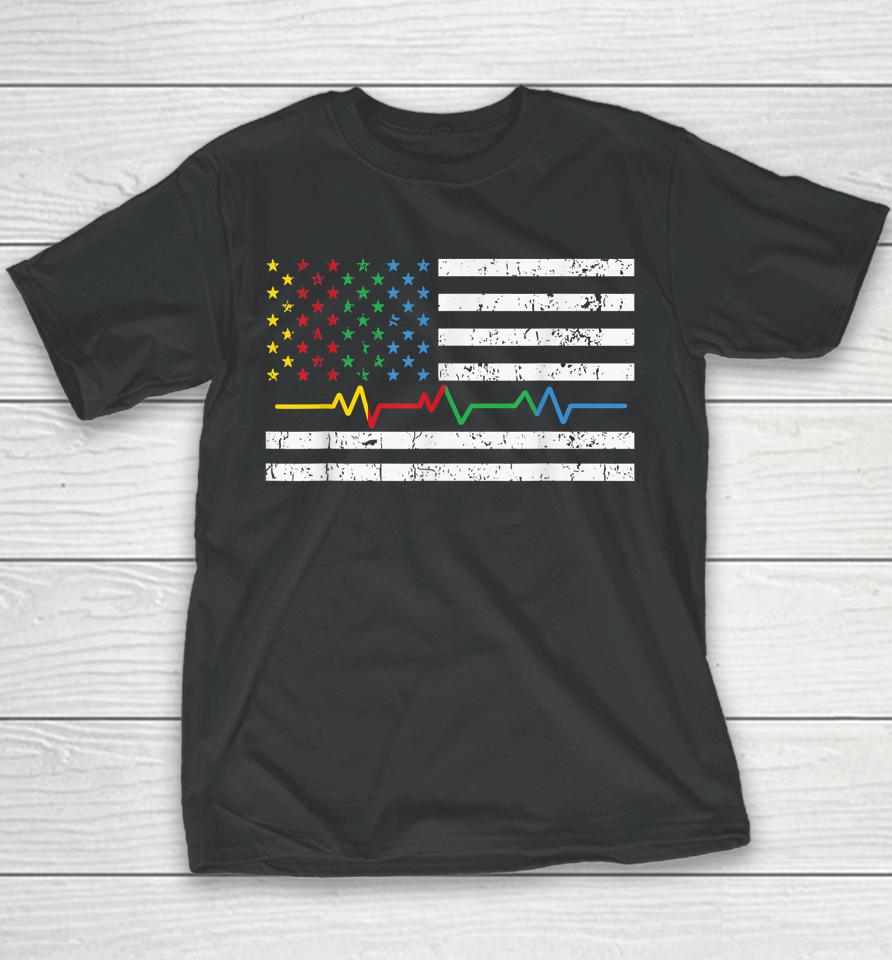 Autism Heartbeat American Flag Ribbon Colors Awareness Youth T-Shirt