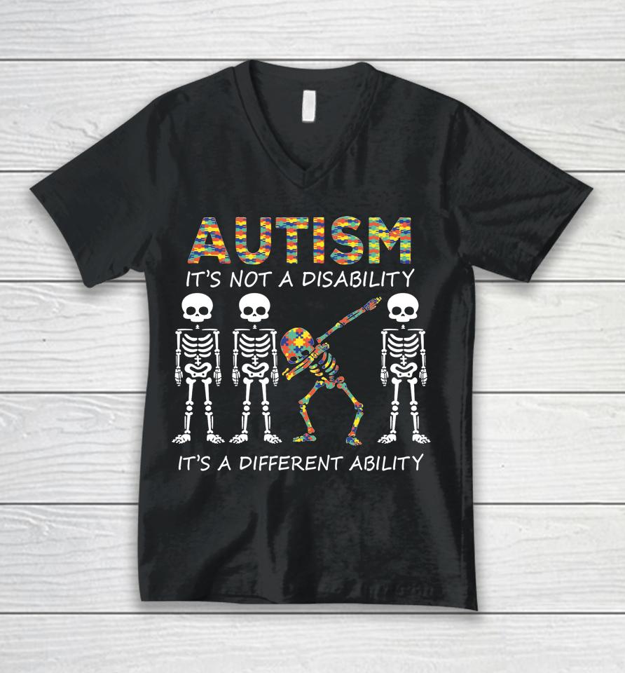 Autism It's A Different Ability Dabbing Skeleton Unisex V-Neck T-Shirt