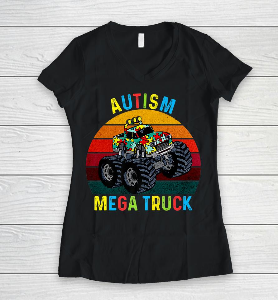 Autism Mega Truck Autism Awareness Women V-Neck T-Shirt