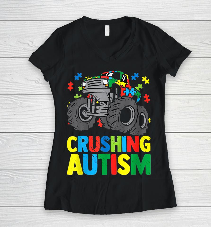 Autism Mega Truck Awareness Love Acceptance Women V-Neck T-Shirt