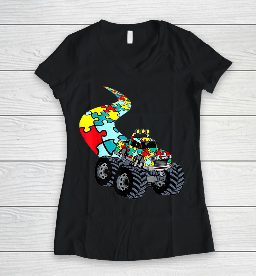 Autism Mega Truck Monster Autism Awareness Women V-Neck T-Shirt