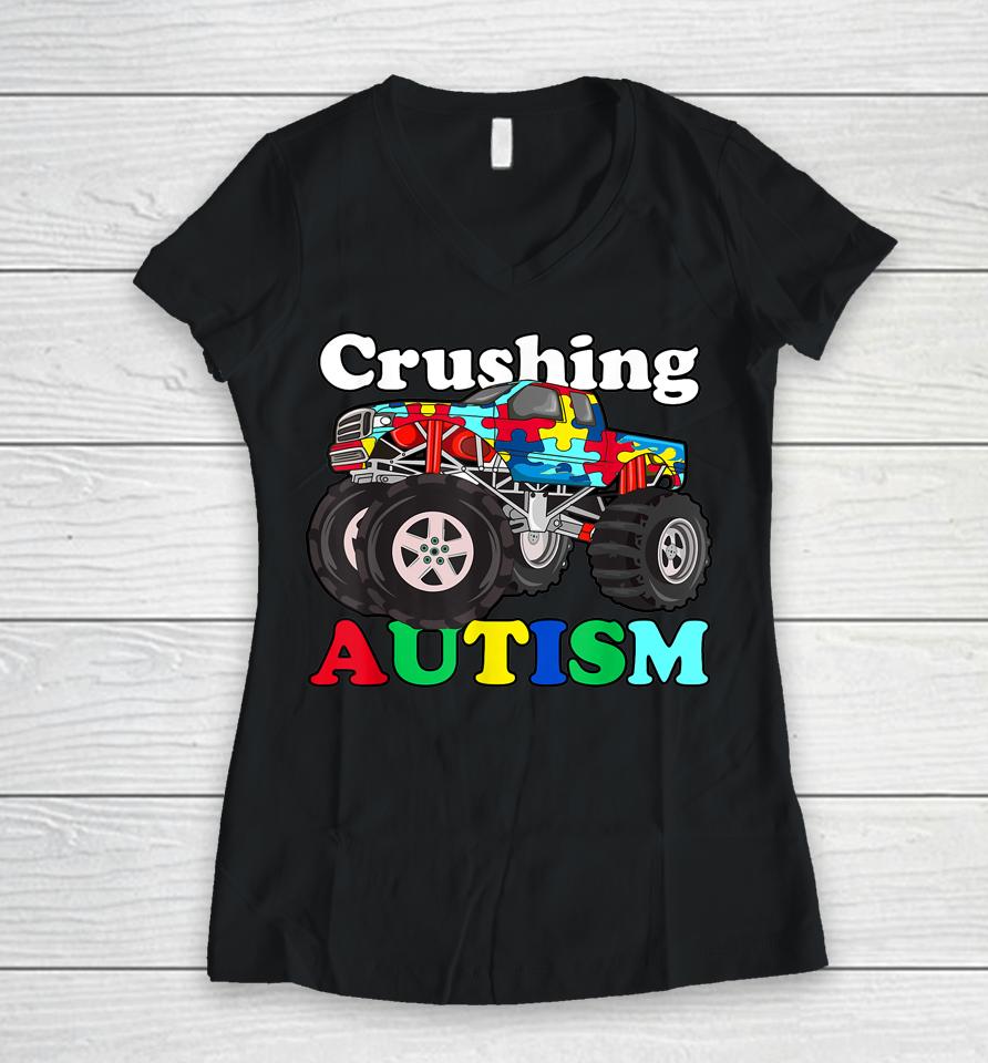 Autism Mega Truck Shirt Kids Monster Truck Crushing Autism Women V-Neck T-Shirt