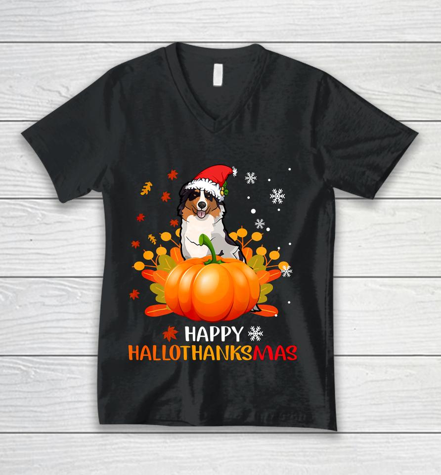 Autralian Shepherd Halloween Christmas Happy Hallothanksmas Unisex V-Neck T-Shirt