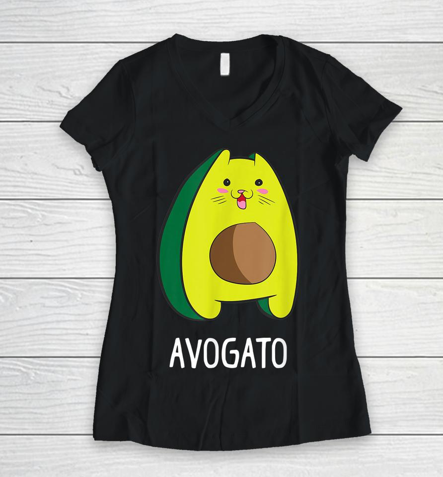 Avagato Cat Design Avogato Avocado Gift Women V-Neck T-Shirt