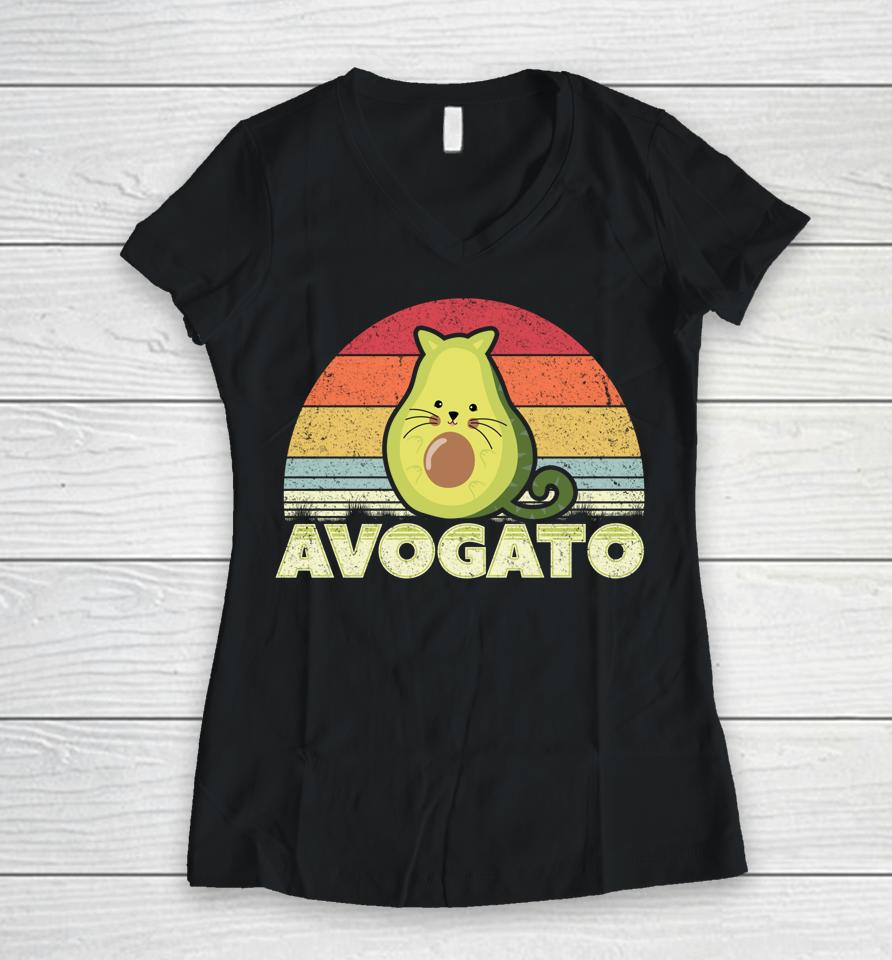 Avogato Retro Cat Avocado Cinco De Mayo Women V-Neck T-Shirt
