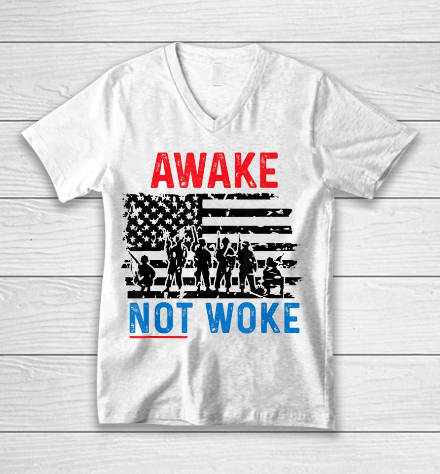 Awake Not Woke Patriotic Usa Free Speech Anti Censorship Unisex V-Neck T-Shirt