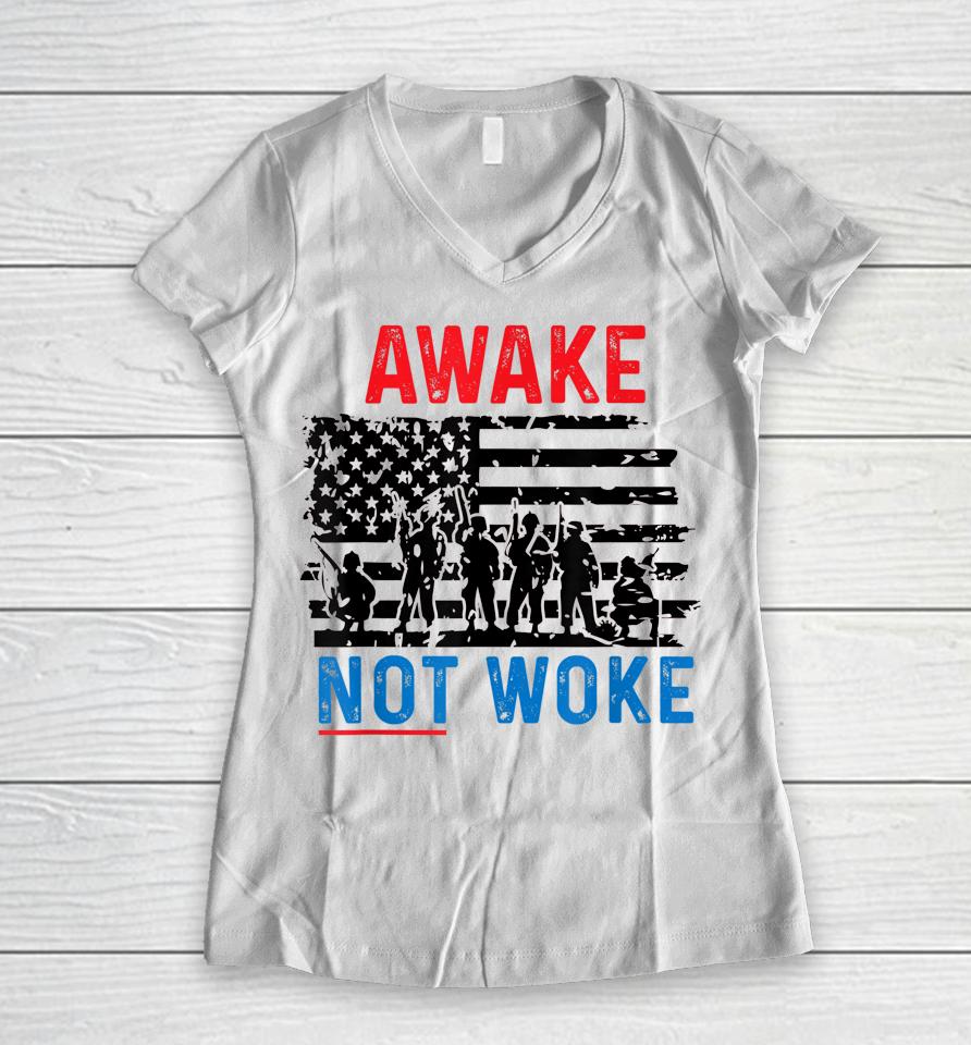 Awake Not Woke Patriotic Usa Free Speech Anti Censorship Women V-Neck T-Shirt