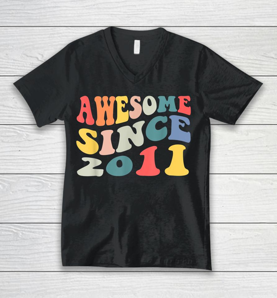 Awesome Since 2011 11 Years Old 11Th Birthday Groovy Retro Unisex V-Neck T-Shirt