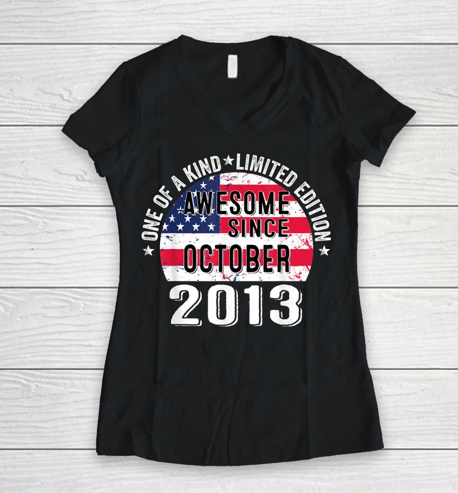 Awesome Since October 2013 Vintage 9 Years Old Usa Flag Women V-Neck T-Shirt