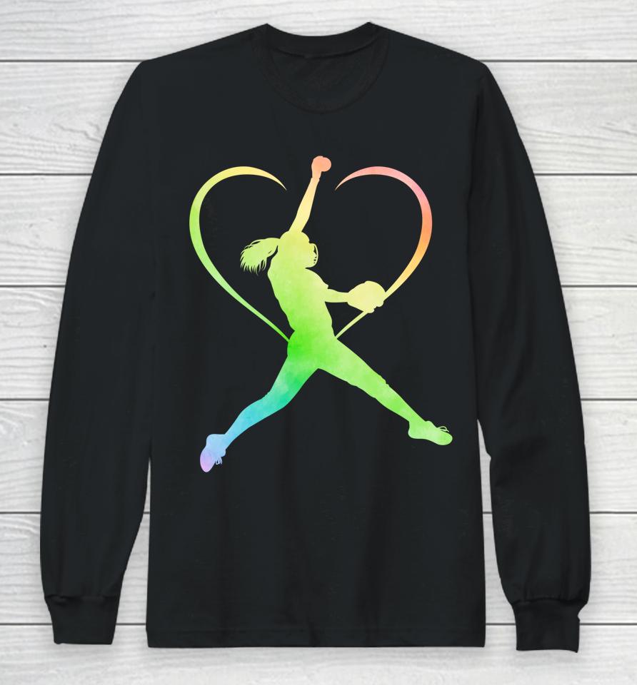 Awesome Softball Shirt Funny Softball Rainbow Gifts Girls Long Sleeve T-Shirt