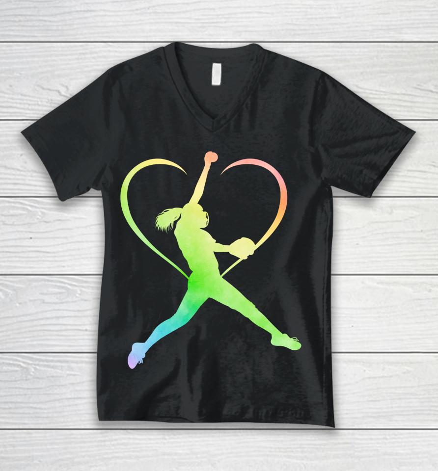 Awesome Softball Shirt Funny Softball Rainbow Gifts Girls Unisex V-Neck T-Shirt