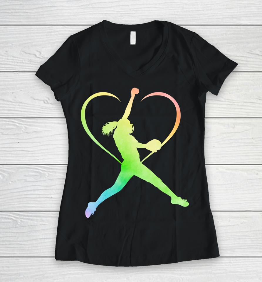 Awesome Softball Shirt Funny Softball Rainbow Gifts Girls Women V-Neck T-Shirt