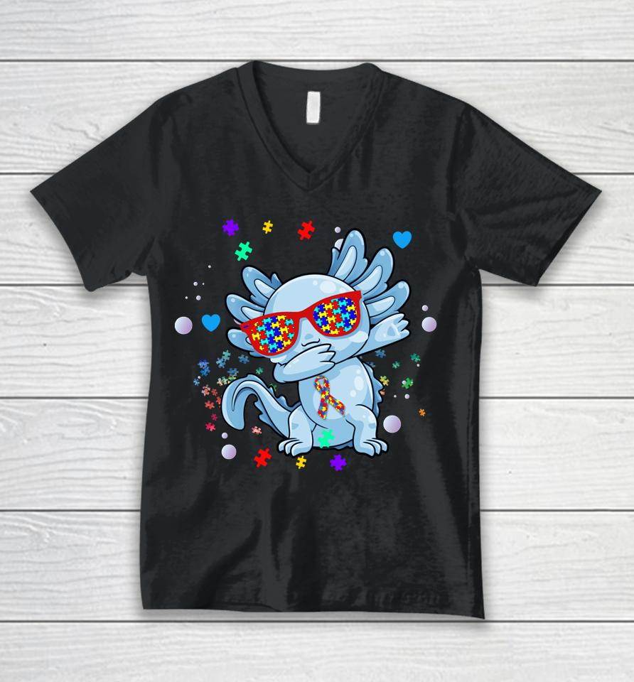 Axolotl Dabbing Autism Awareness Unisex V-Neck T-Shirt