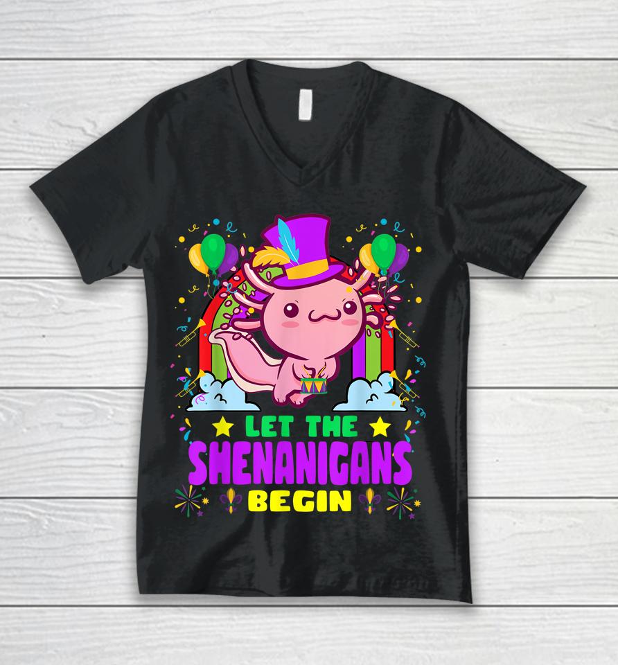 Axolotl Mardi Gras Let Shenanigans Begin Unisex V-Neck T-Shirt