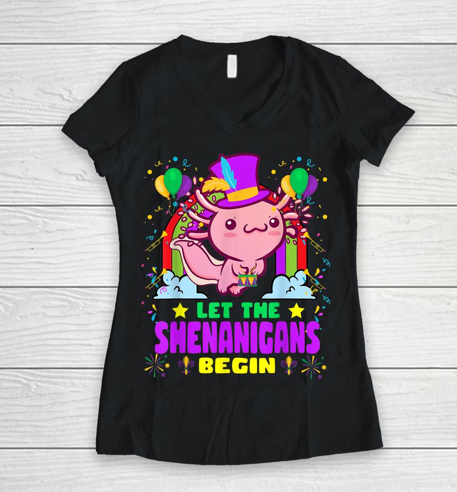 Axolotl Mardi Gras Let Shenanigans Begin Women V-Neck T-Shirt
