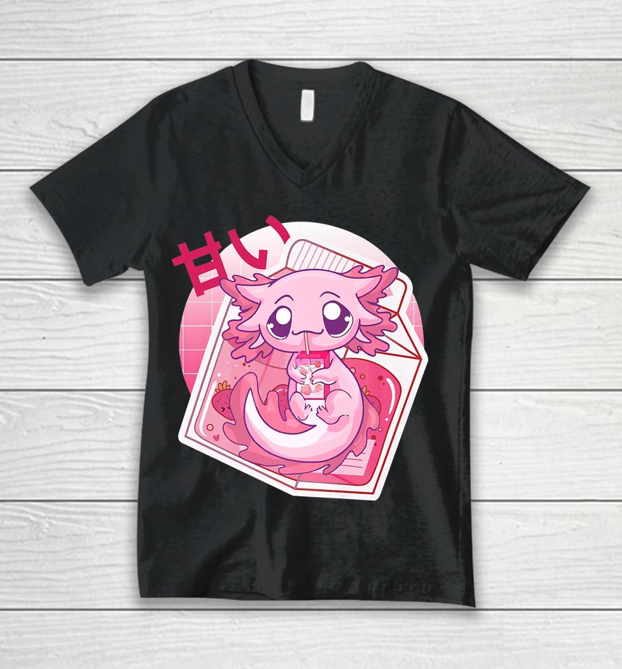 Axolotl Pastel Goth Strawberry Milk Shake Anime Japanese Unisex V-Neck T-Shirt