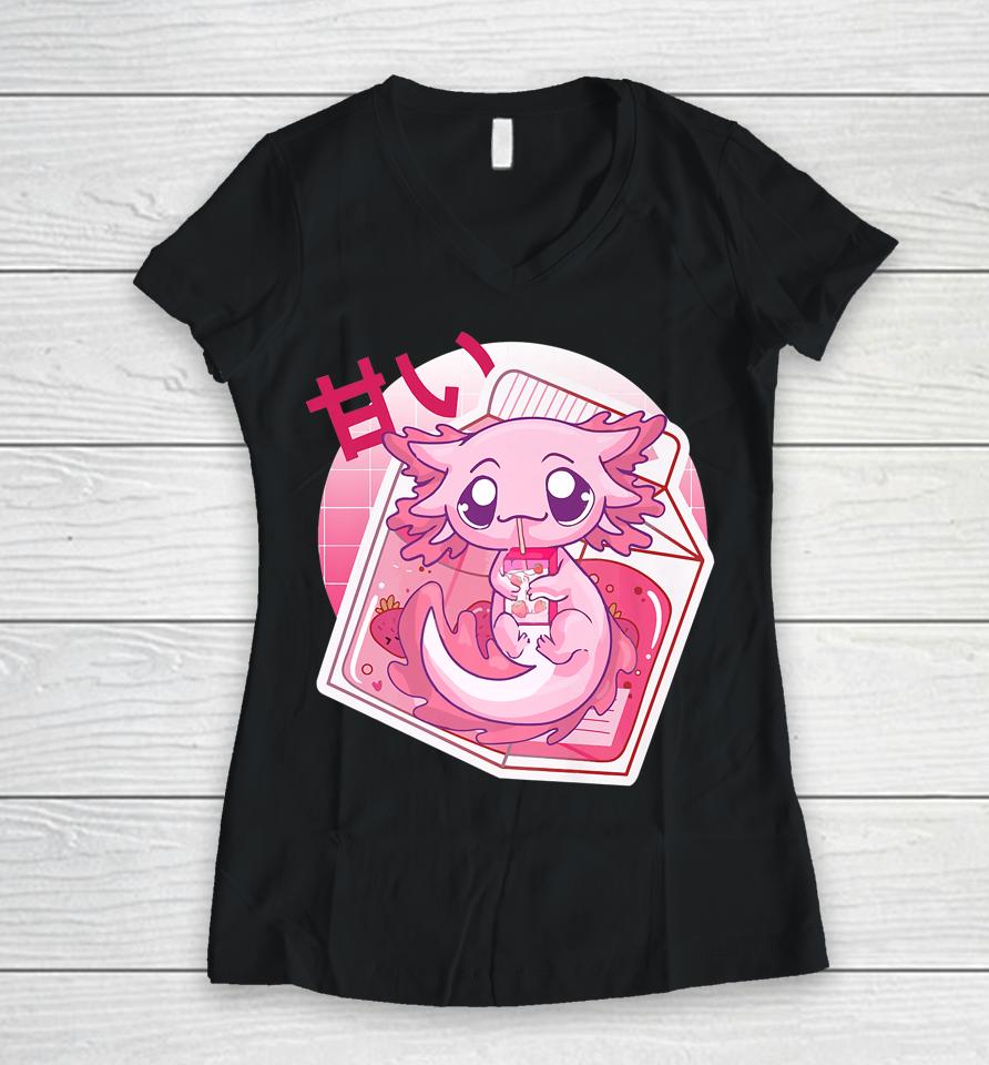 Axolotl Pastel Goth Strawberry Milk Shake Anime Japanese Women V-Neck T-Shirt