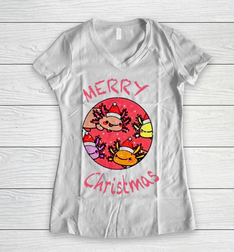 Axolotl With Santa Hat Christmas Women V-Neck T-Shirt