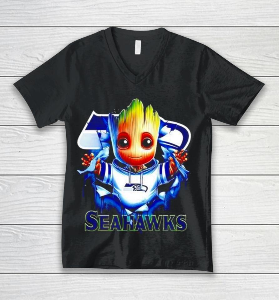 Baby Groot Blood Inside Me Seattle Seahawks 2024 Unisex V-Neck T-Shirt