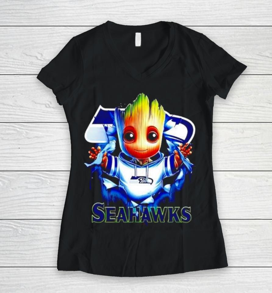 Baby Groot Blood Inside Me Seattle Seahawks 2024 Women V-Neck T-Shirt