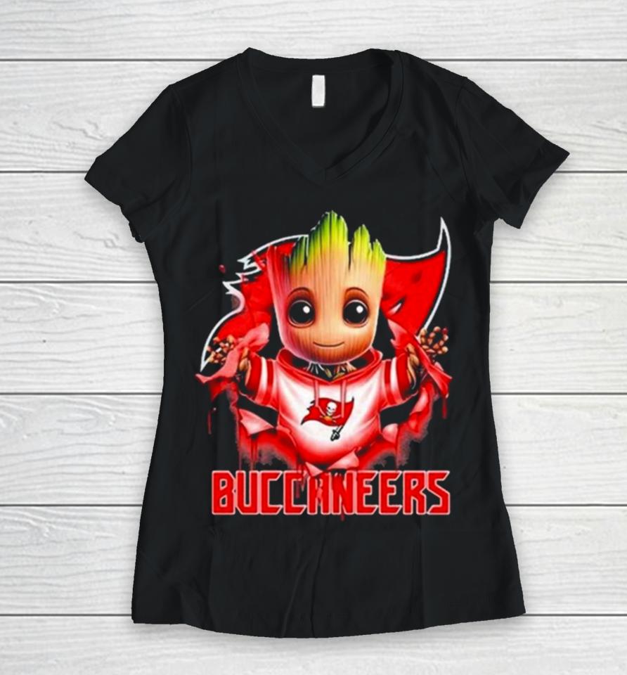 Baby Groot Blood Inside Me Tampa Bay Buccaneers 2024 Women V-Neck T-Shirt