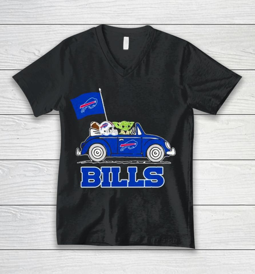 Baby Yoda Drive A Car Buffalo Bills Football Flag Logo Unisex V-Neck T-Shirt