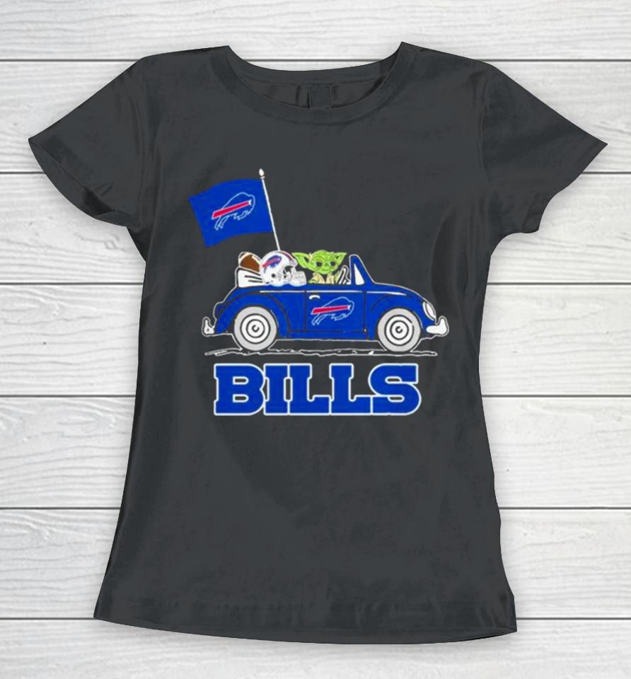 Baby Yoda Drive A Car Buffalo Bills Football Flag Logo Women T-Shirt