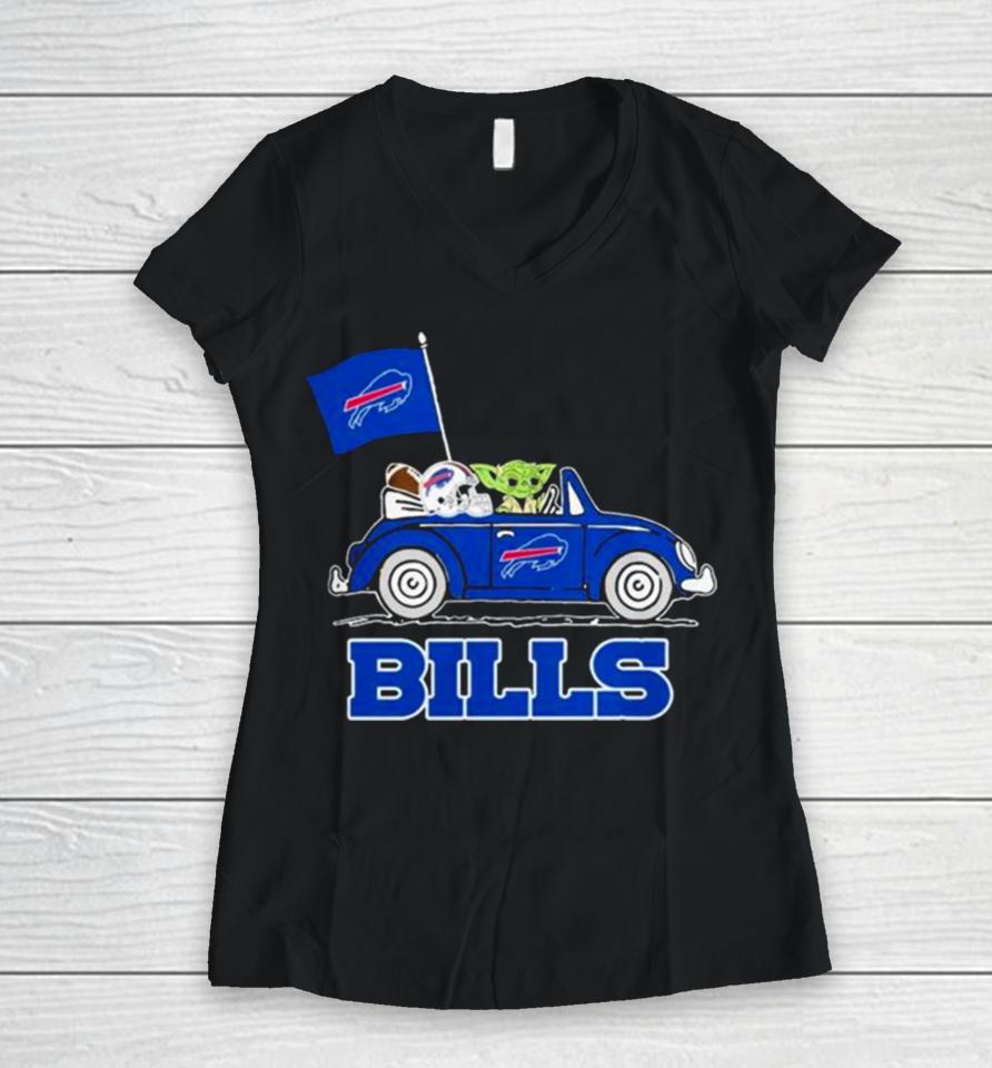 Baby Yoda Drive A Car Buffalo Bills Football Flag Logo Women V-Neck T-Shirt