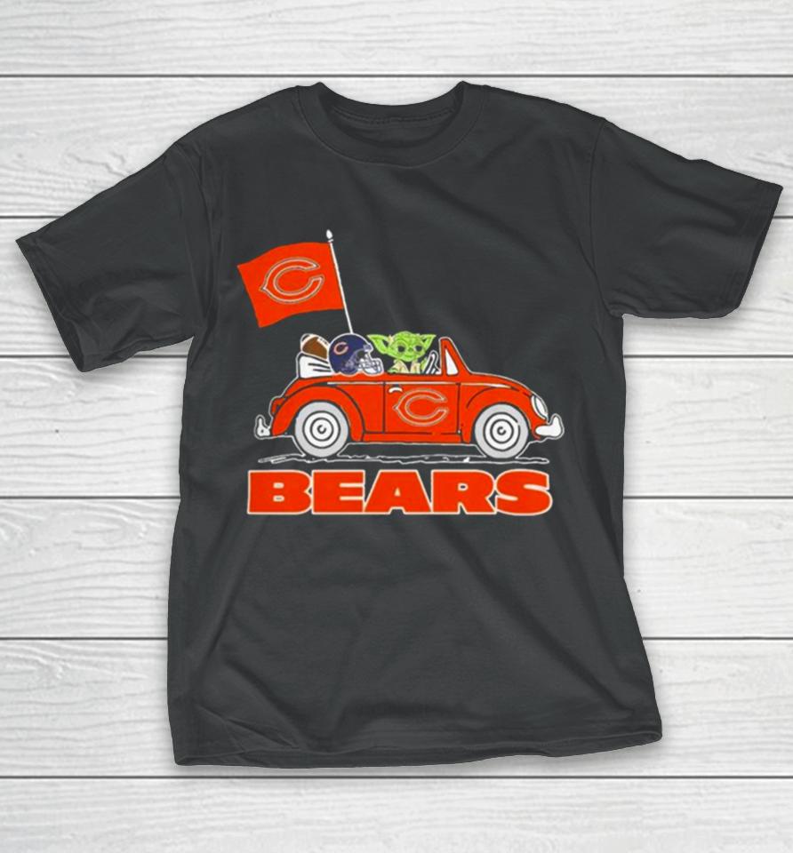 Baby Yoda Drive A Car Chicago Bears Football Flag Logo T-Shirt