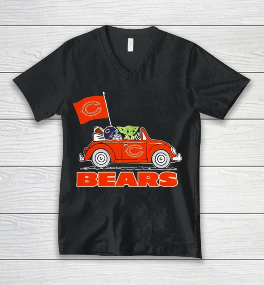 Baby Yoda Drive A Car Chicago Bears Football Flag Logo Unisex V-Neck T-Shirt