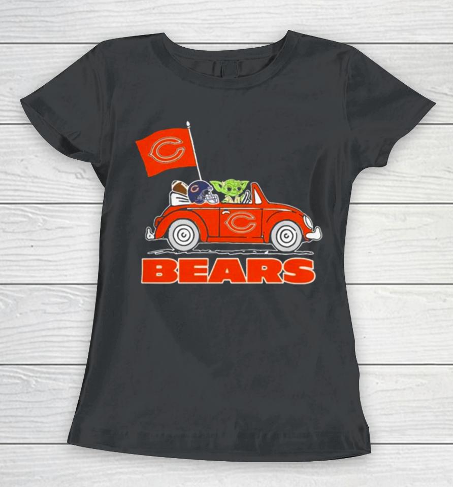 Baby Yoda Drive A Car Chicago Bears Football Flag Logo Women T-Shirt