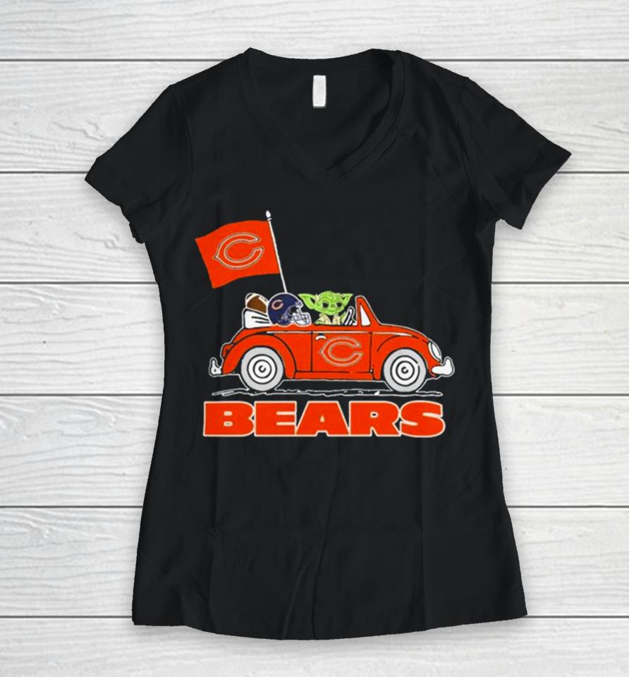 Baby Yoda Drive A Car Chicago Bears Football Flag Logo Women V-Neck T-Shirt