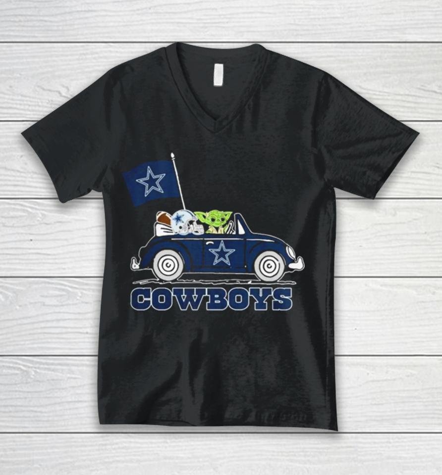 Baby Yoda Drive A Car Dallas Cowboys Football Flag Logo Unisex V-Neck T-Shirt