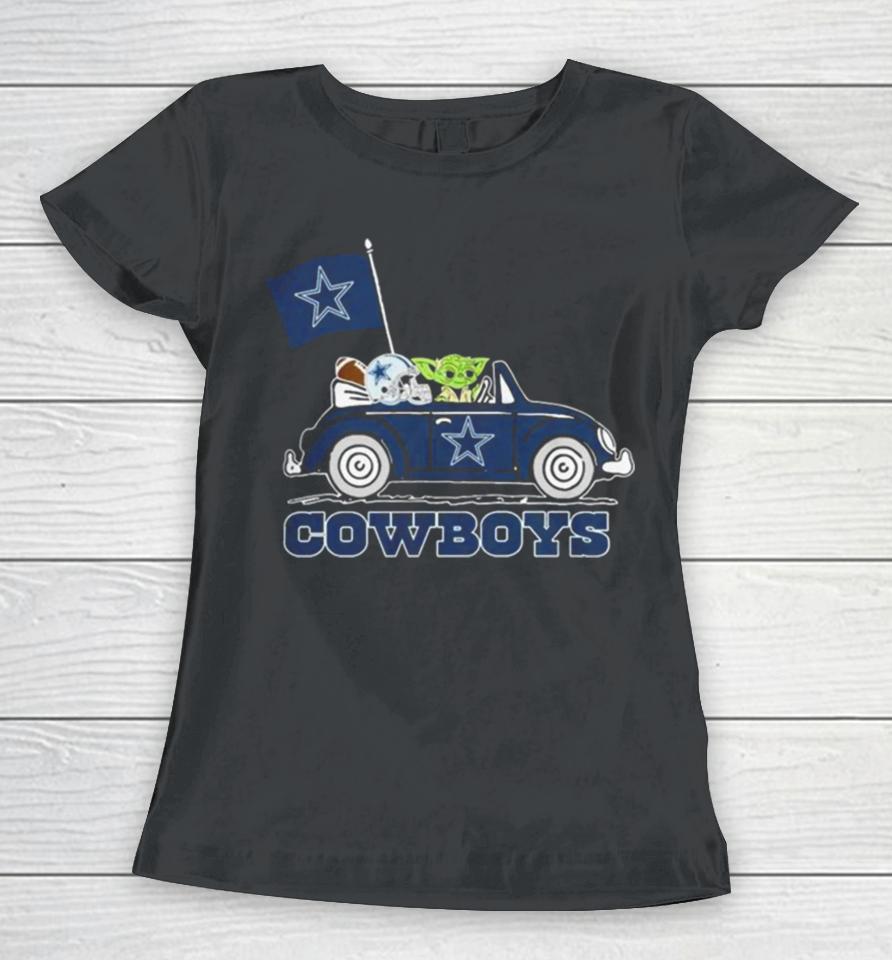 Baby Yoda Drive A Car Dallas Cowboys Football Flag Logo Women T-Shirt